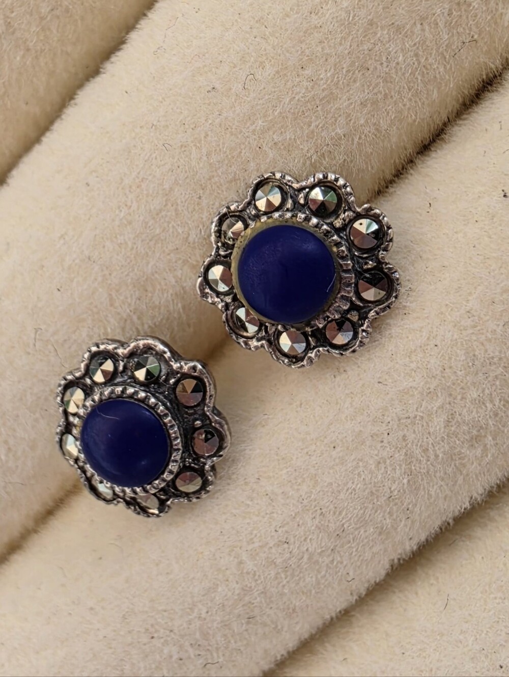 Vintage ZAN Silver Blue Cabochon & Marcasite-Style Stud Earrings • 2.12g